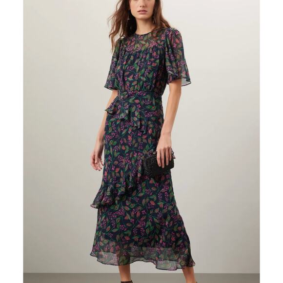 Saloni Blue Floral Chiffon Midi Dress SIZE 6 Silk Ruffle Romantic Designer $800 - Picture 1 of 11